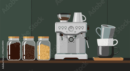Coffee station with grinder, machine, beans in jars, and stacked cups