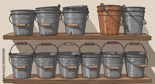Collection of vintage metal buckets arranged on two wooden shelves