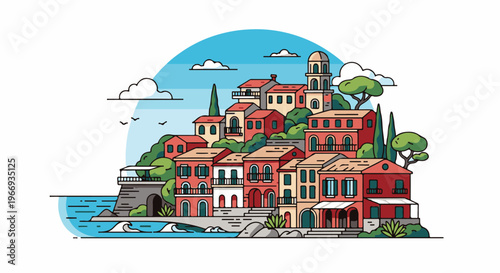 Coastal village with colorful buildings on a hill by the sea