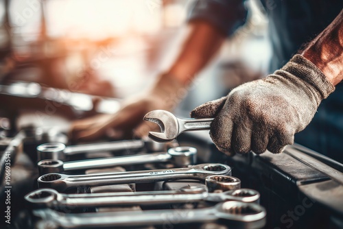 Mechanic using wrench over set of tools, car repair and maintenance concept