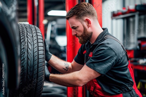 Auto mechanic changing car tire in workshop, vehicle repair service