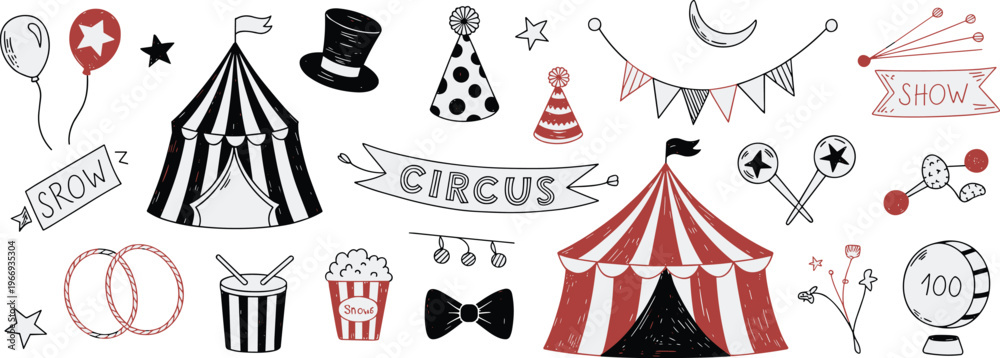 Fototapeta premium Circus doodle elements including tents balloons hats and show signs Keywords: circus tent top hat party hat balloons star garland