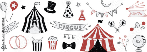 Circus doodle elements including tents balloons hats and show signs Keywords: circus tent top hat party hat balloons star garland