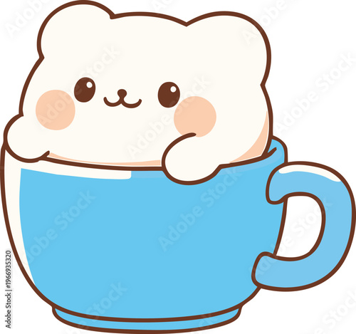 Cute white cat sitting in a blue coffee cup, teacup kitten character illustration