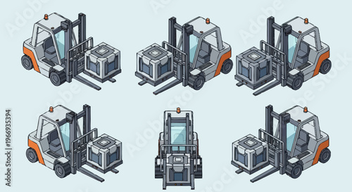 Set of Isometric Forklifts with Cargo in Various Poses.