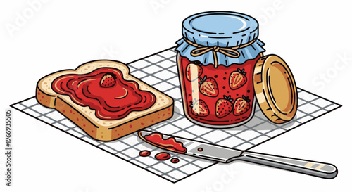 Delicious strawberry jam spread on toast with a jar and knife