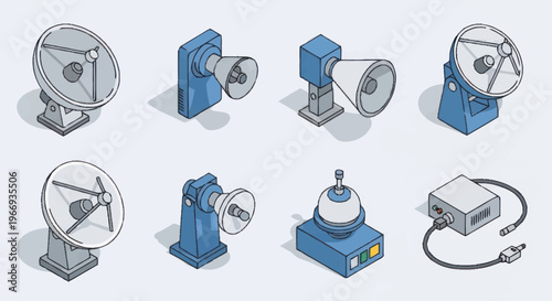 Collection of Isometric Satellite Dishes and Communication Devices.
