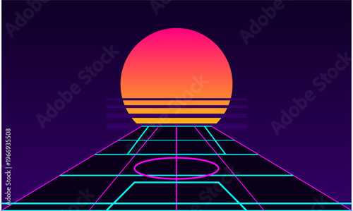Hand-drawn retro synthwave stadium soccer pitch perspective with neon cyan pink grid lines and vibrant glowing gradient sunset authentic illustration