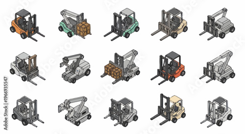 Isometric Forklift Collection Various Models and Colors.