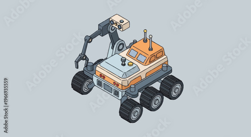 Isometric Robotic Rover Exploring Alien Planet Surface.