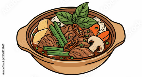 Deliciously illustrated hearty stew in a rustic bowl with vegetables and meat