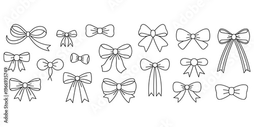 Collection of Hand Drawn Bows and Ribbons on White Background Keywords: bow, ribbon, gift, present, decoration, celebration