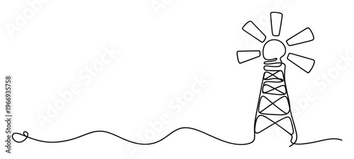 Continuous line drawing of a radio communication tower with radiating signals symbolizing connectivity and global communication suitable for technology branding and modern media designs