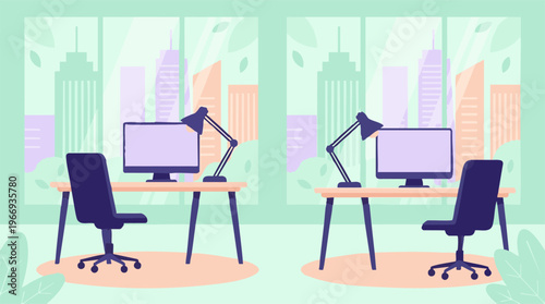 Modern office workspace with computers, chairs, and city skyline view