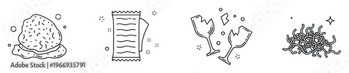 Line drawing icons portraying domestic themes such as a cleaning sponge, a fresh wipe, broken wine glasses, and clean pasta, excellent for illustrating household chores and warning messages.