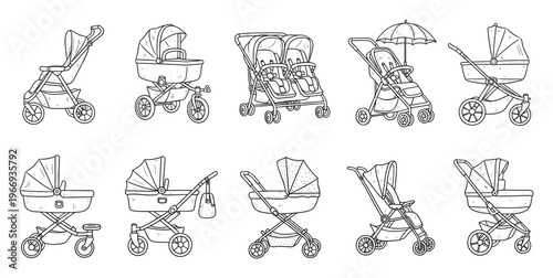 A comprehensive collection of various modern baby strollers and prams featuring different types and designs perfect for infant product guides and children equipment catalogs.