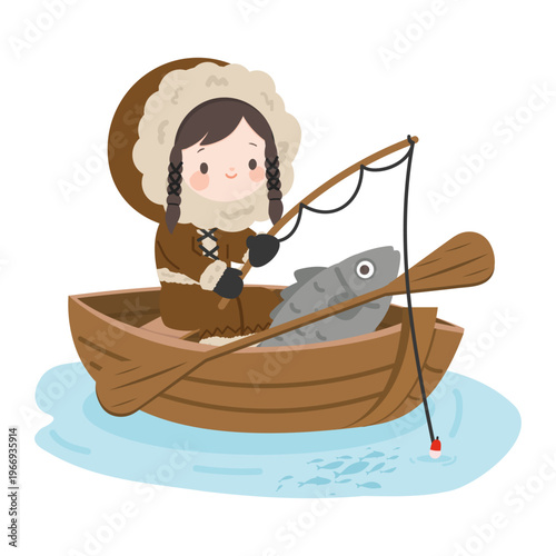 Arctic fisherman fishing in a boat on icy water