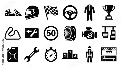 Comprehensive collection of go karting and racing flat icons essential for motorsports websites, event flyers, game interfaces, and automotive enthusiast materials.