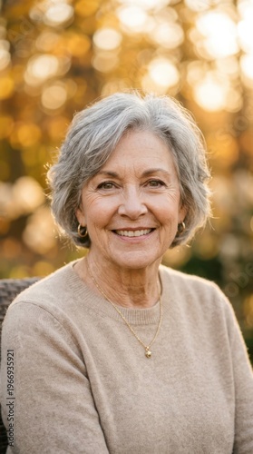 Smiling senior woman with gray hair and warm sweater in golden hour light
