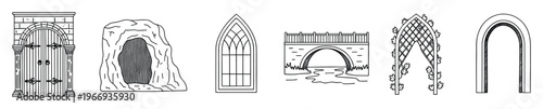 Collection of hand drawn architectural and natural archways and entrances, depicting a medieval gate, mysterious cave, gothic window, stone bridge, and garden trellis for symbolic journey