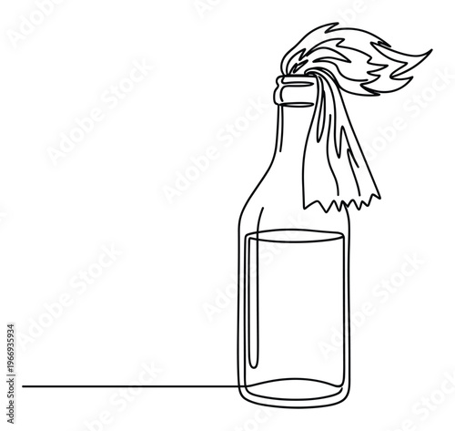 Simple continuous line drawing of a Molotov cocktail representing civil unrest and protest, ideal for symbolic graphics and impactful visual communication.