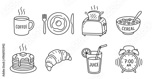 Hand-Drawn Breakfast Icons Set. Doodle Line Art Collection: Coffee, Cereal, Egg, Pancakes, Toast, Croissant, Juice, Alarm.