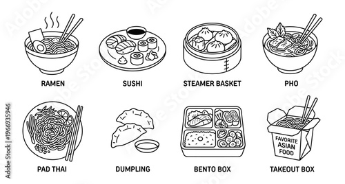 Asian Food Line Art Icons Set: Ramen, Sushi, Dim Sum, Pho, Pad Thai, Dumpling, Bento, Takeout Box.