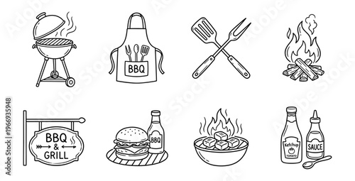 BBQ Grill Icons Set. Hand-Drawn Doodle Style Barbecue Food and Tools Vector Illustrations.