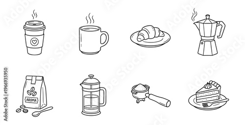 Coffee and Breakfast Line Art Icons: Mug, Croissant, Moka Pot, French Press, Cake Vector Set