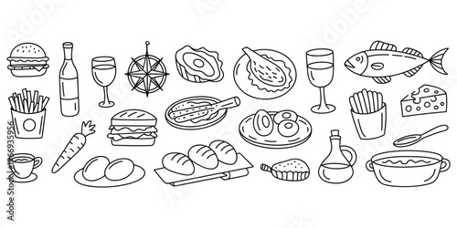 Collection of hand-drawn food and drink icons in a doodle style Keywords: food, drink, burger, hamburger, fries, french fries