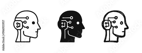 Artificial intelligence brain and cyborg head icon set.