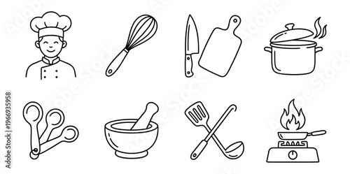 Cooking Icons Line Art Set. Chef, Kitchen Utensils, Food Prep Tools. Minimalist Vector Doodle.