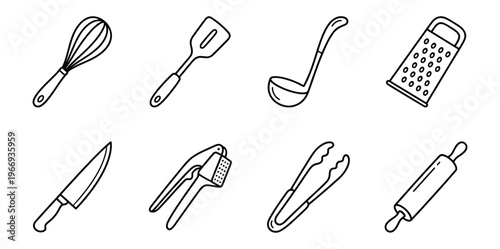 Kitchen Utensils Vector Line Art Icons. Cooking Tools Doodle Set: Whisk, Spatula, Grater, Knife.