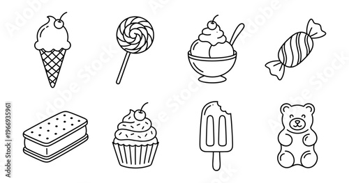 Dessert and Candy Icons Set. Sweet Treats Line Art. Ice Cream, Cupcake, Lollipop, Gummy Bear.
