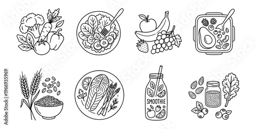 Healthy Food Line Art Icons Set. Nutrition, Diet, Organic Eating, Wellness Vector Illustrations for Health.