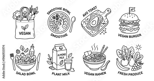 Vegan Food Doodles: Plant-Based Healthy Eating Line Art Icons. Smoothie, Burger, Salad, Milk.
