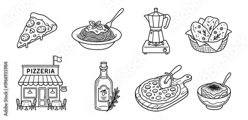 Hand-Drawn Italian Food Icons: Pizza, Pasta, Pizzeria, Coffee, Bread, Tiramisu Outline Set.