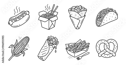 Fast Food Street Food Icons Set. Line Art Doodles: Hot Dog, Noodles, Taco, Crepe, Fries, Pretzel, Shawarma, Corn.