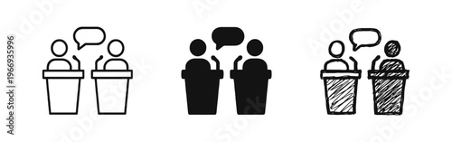 Public Debate and Discussion Icon Set. Two Speakers at Podium with Speech Bubbles Vector Illustration.