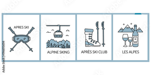 Four blue and grey icons representing ski and mountain resort themes Keywords: ski, skiing, winter, mountain, resort, alps, les