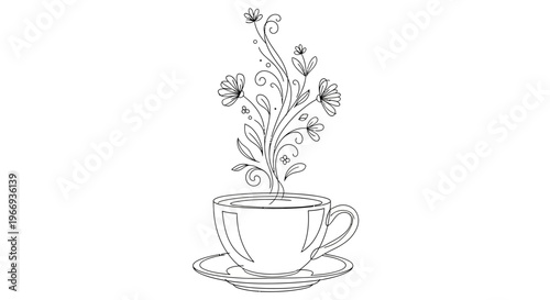 Steaming Coffee Cup with Floral Swirls and Flowers, Black and White Line Art