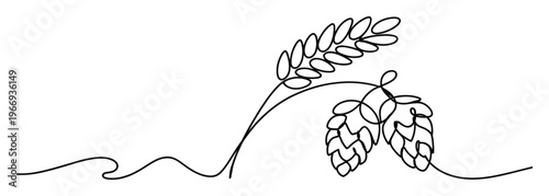 Continuous line drawing illustrating essential brewing ingredients, featuring wheat and hop plants intertwined in a simple graphic, ideal for brewery logos, beer packaging, or beverage