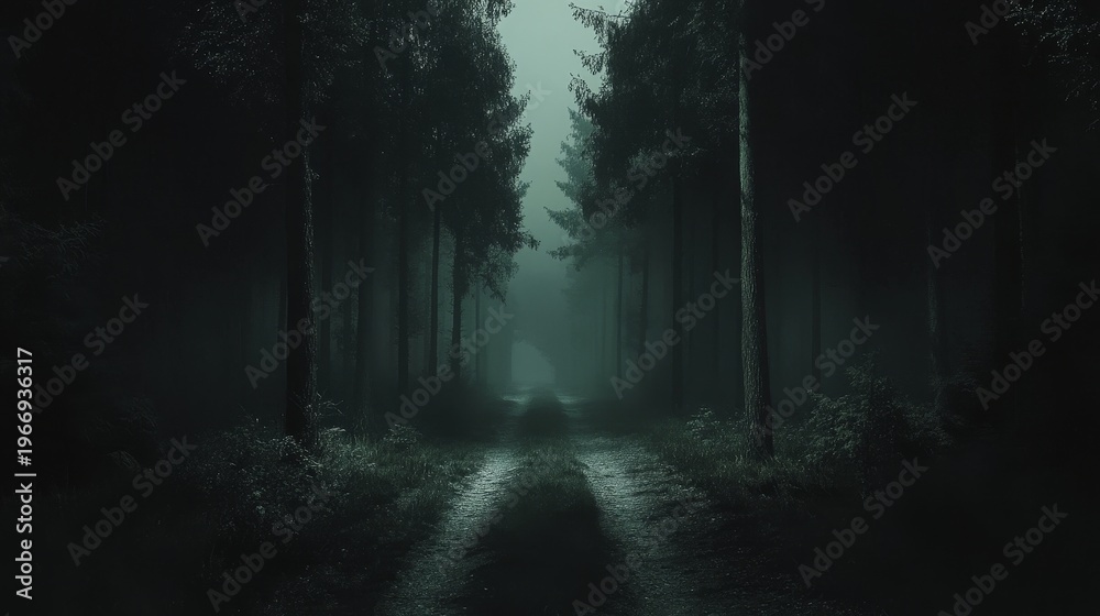 Fototapeta premium A misty forest path winds through tall, shadowy trees, fading into the ethereal glow of a foggy distance