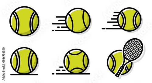 Tennis Ball Icons: Motion, Serve, and Game Set with Racquet