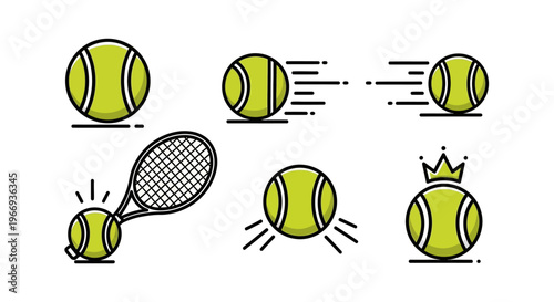 Tennis Ball Icons Set: Action, Royalty, and Game Elements