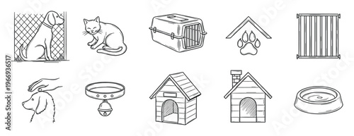 Hand drawn style collection of pet care elements including dog, cat, carrier, house, collar, bowl, and gate, suitable for veterinary services and animal shelter promotions.