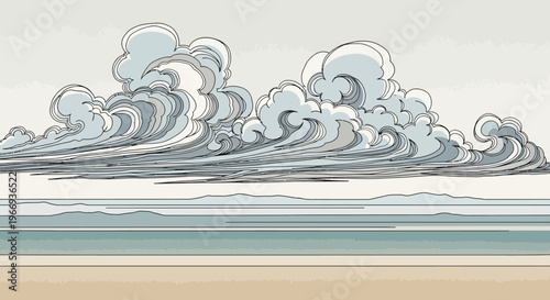 Stylized Ocean Waves and Dramatic Clouds in a Minimalist Landscape