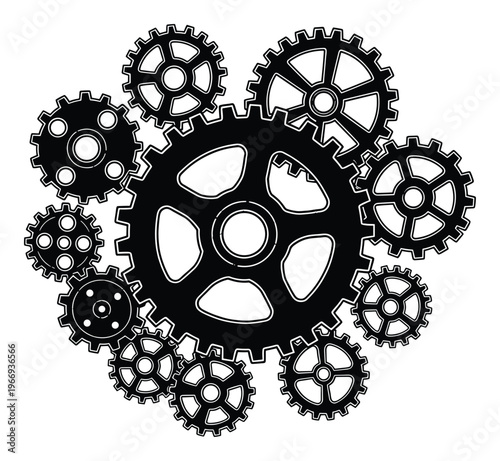 A dynamic arrangement of interconnected mechanical gears forming a intricate system representing industrial processes, complex mechanisms, innovation, and efficient teamwork for engineering