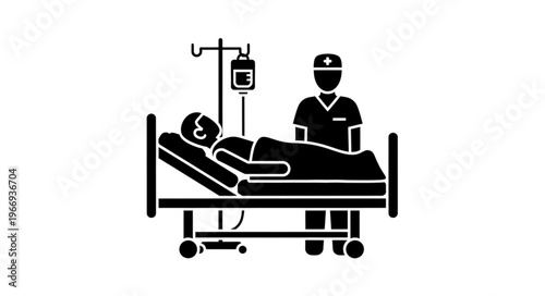Doctor Caring for Patient in Hospital Bed with IV Drip.