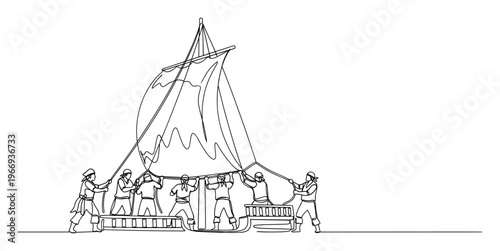 Eight sailors cooperatively hoisting a large sail on a classic sailing ship, demonstrating strong teamwork and maritime spirit, perfect for historical exploration or adventure narratives.